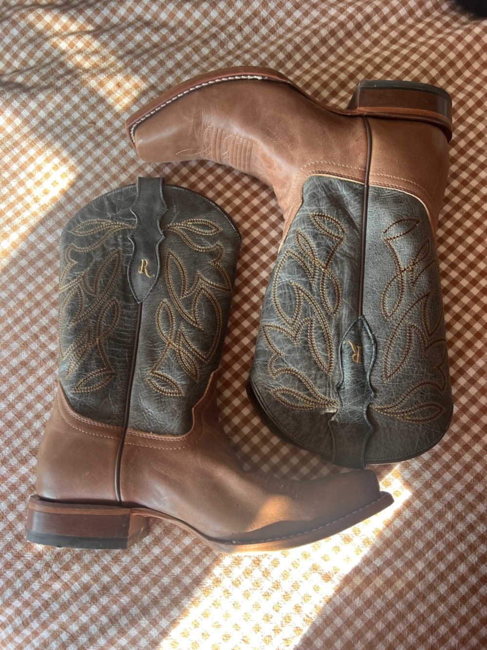 Justin Boots Brown and Gray Leather Heeled Cowboy Boots